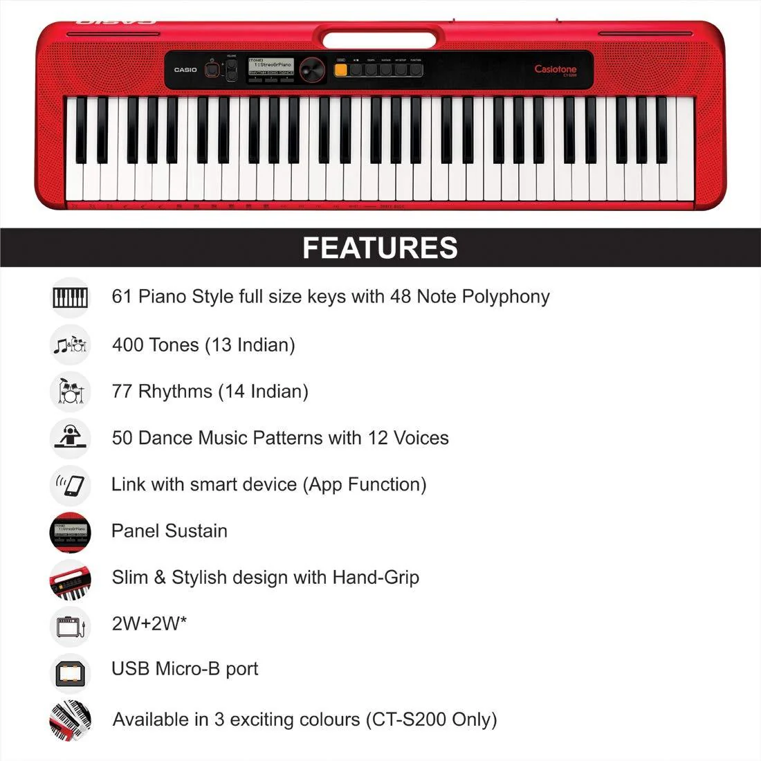 Casio CT-S200RD Tastiera Digitale 61 Tasti utilizzabile anche a batterie, Rosso - Image 3