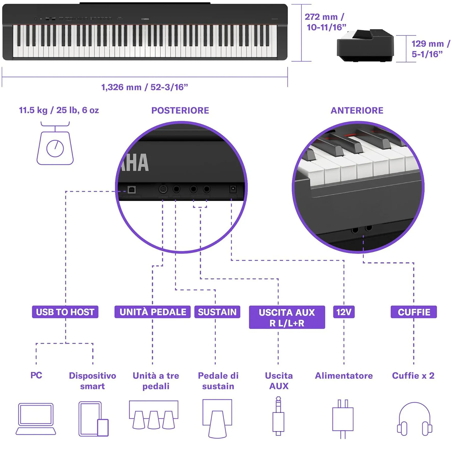 Yamaha P-225WH Pianoforte Tastiera Digitale musicale 88 tasti pesati, Bianco - Image 2